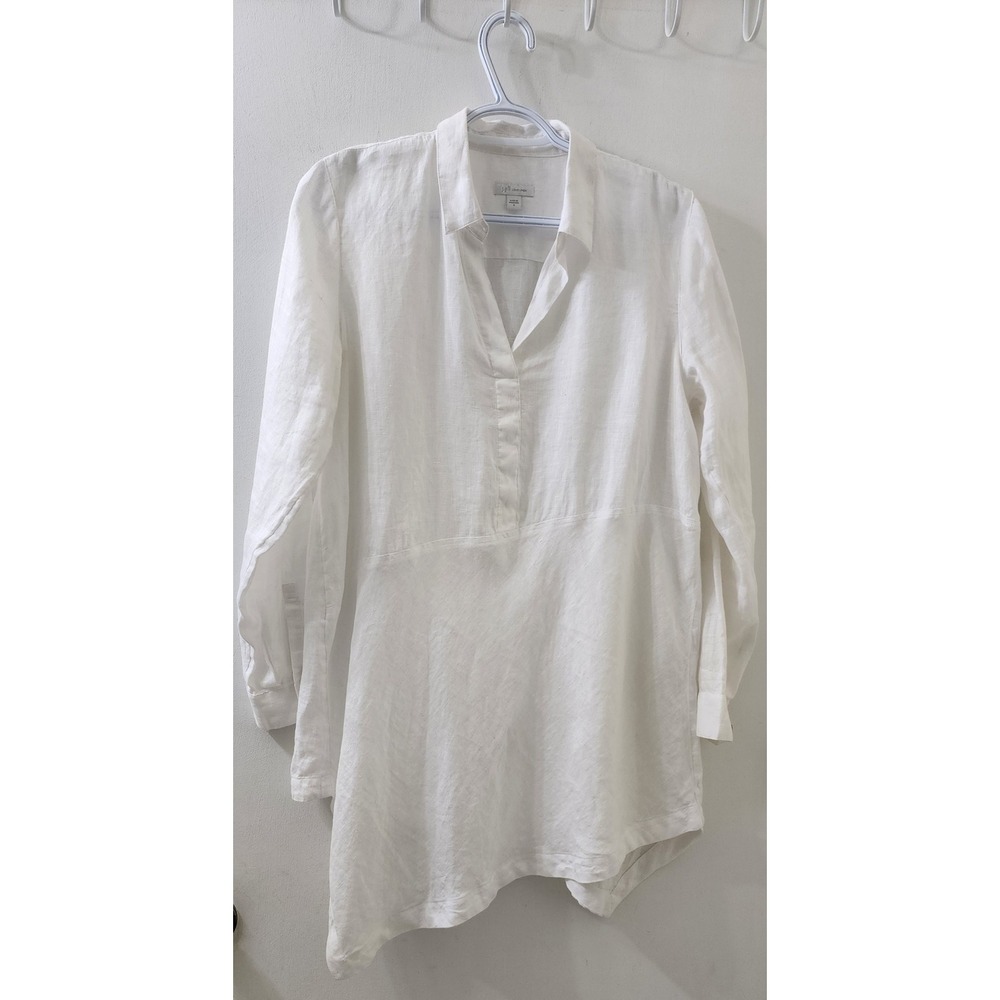 J.Jill Love Linen White Asymmetrical Hem Tunic Top Split Neck Long Sleeve Small